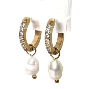 Dainty CZ Hoop Earrings Cultured Baroque Pearl Dangle 18K Gold Plated Minimalist